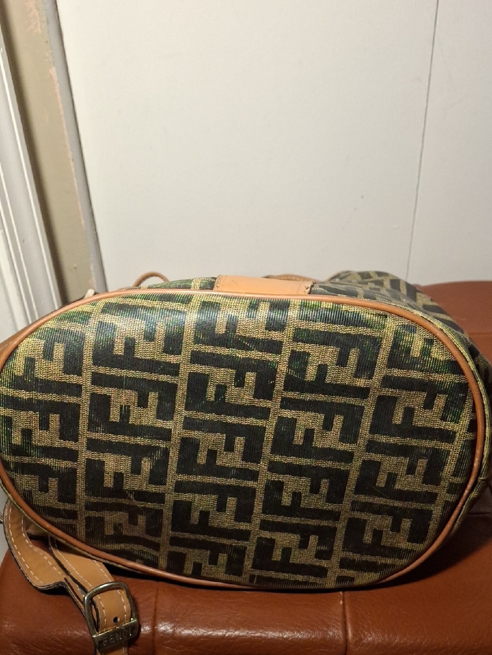Fendi Leather-Trim Monogram Bucket Shoulder Bag in Tan and Black - Picture 10 of 12